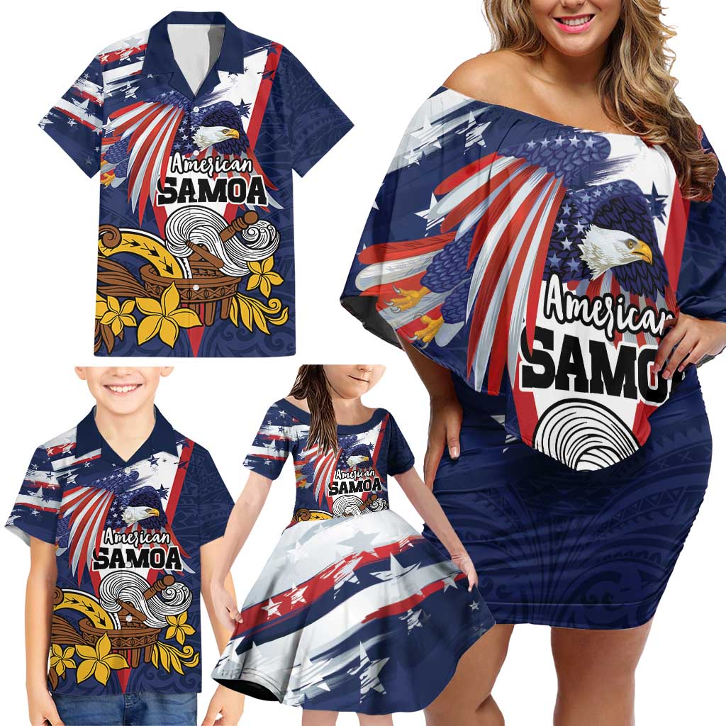 USA-American Samoa Flag Day Personalized Family Matching Off Shoulder Short Dress and Hawaiian Shirt Bald Eagle Polynesian Tribal Pattern