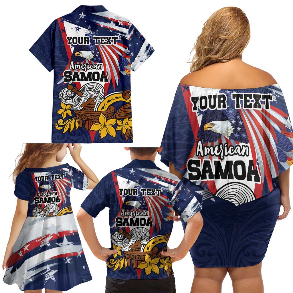 USA-American Samoa Flag Day Personalized Family Matching Off Shoulder Short Dress and Hawaiian Shirt Bald Eagle Polynesian Tribal Pattern