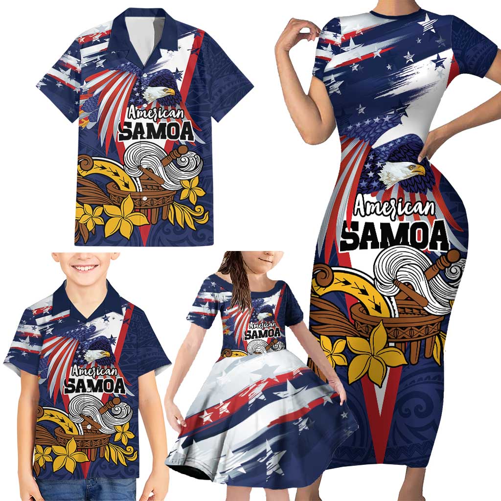 USA-American Samoa Flag Day Personalized Family Matching Short Sleeve Bodycon Dress and Hawaiian Shirt Bald Eagle Polynesian Tribal Pattern