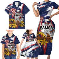 USA-American Samoa Flag Day Personalized Family Matching Short Sleeve Bodycon Dress and Hawaiian Shirt Bald Eagle Polynesian Tribal Pattern