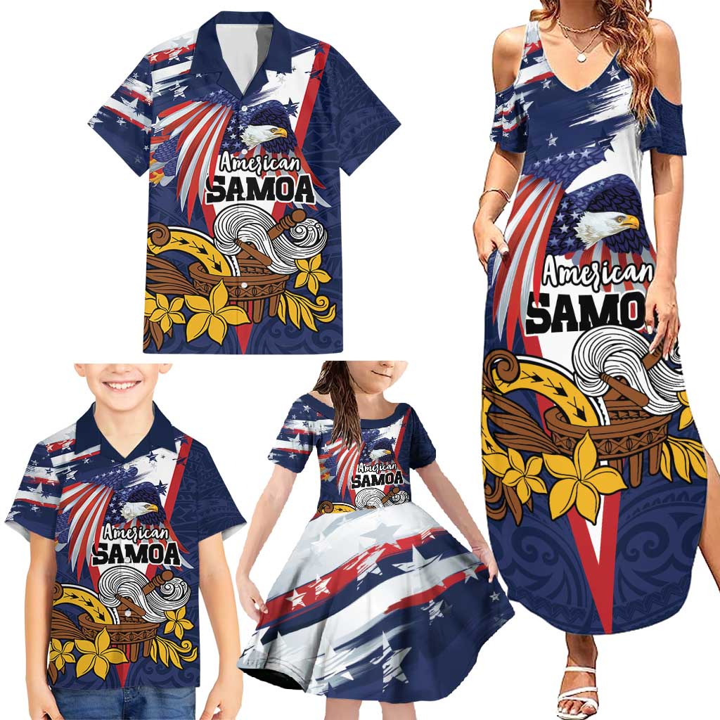 USA-American Samoa Flag Day Personalized Family Matching Summer Maxi Dress and Hawaiian Shirt Bald Eagle Polynesian Tribal Pattern