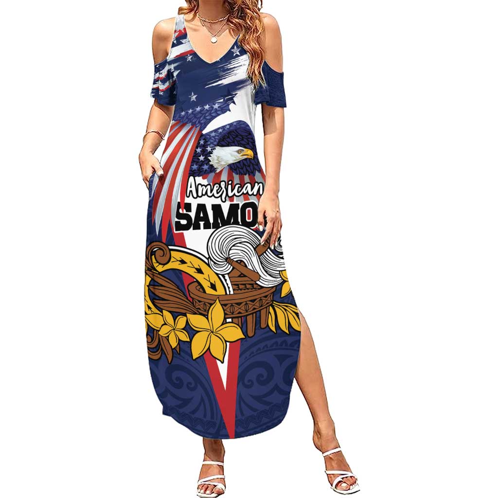 USA-American Samoa Flag Day Personalized Family Matching Summer Maxi Dress and Hawaiian Shirt Bald Eagle Polynesian Tribal Pattern