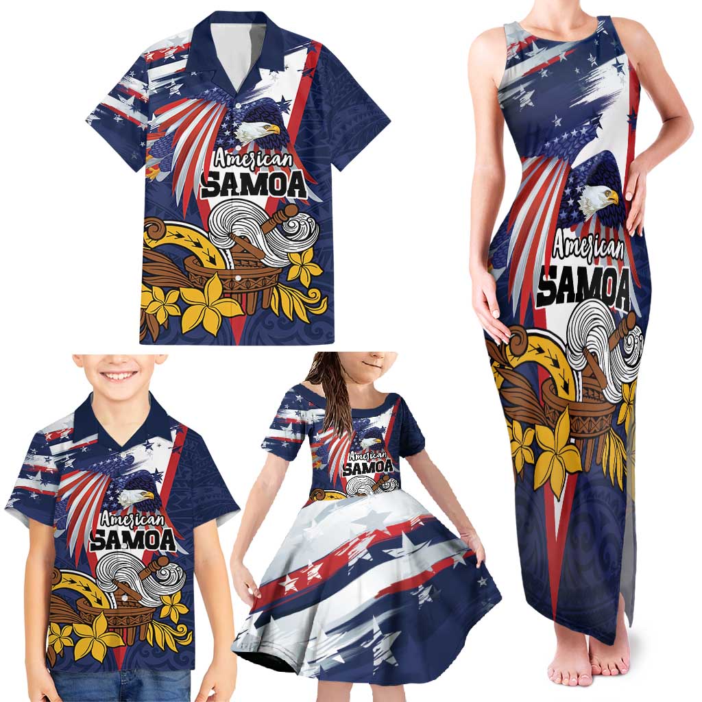 USA-American Samoa Flag Day Personalized Family Matching Tank Maxi Dress and Hawaiian Shirt Bald Eagle Polynesian Tribal Pattern