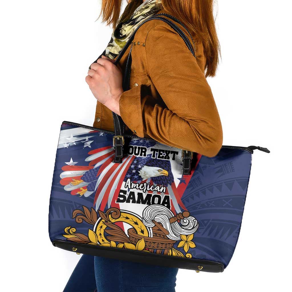 USA-American Samoa Flag Day Personalized Leather Tote Bag Bald Eagle Polynesian Tribal Pattern