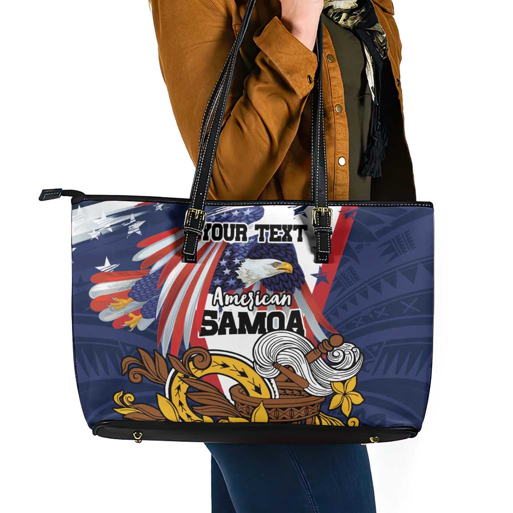 USA-American Samoa Flag Day Personalized Leather Tote Bag Bald Eagle Polynesian Tribal Pattern