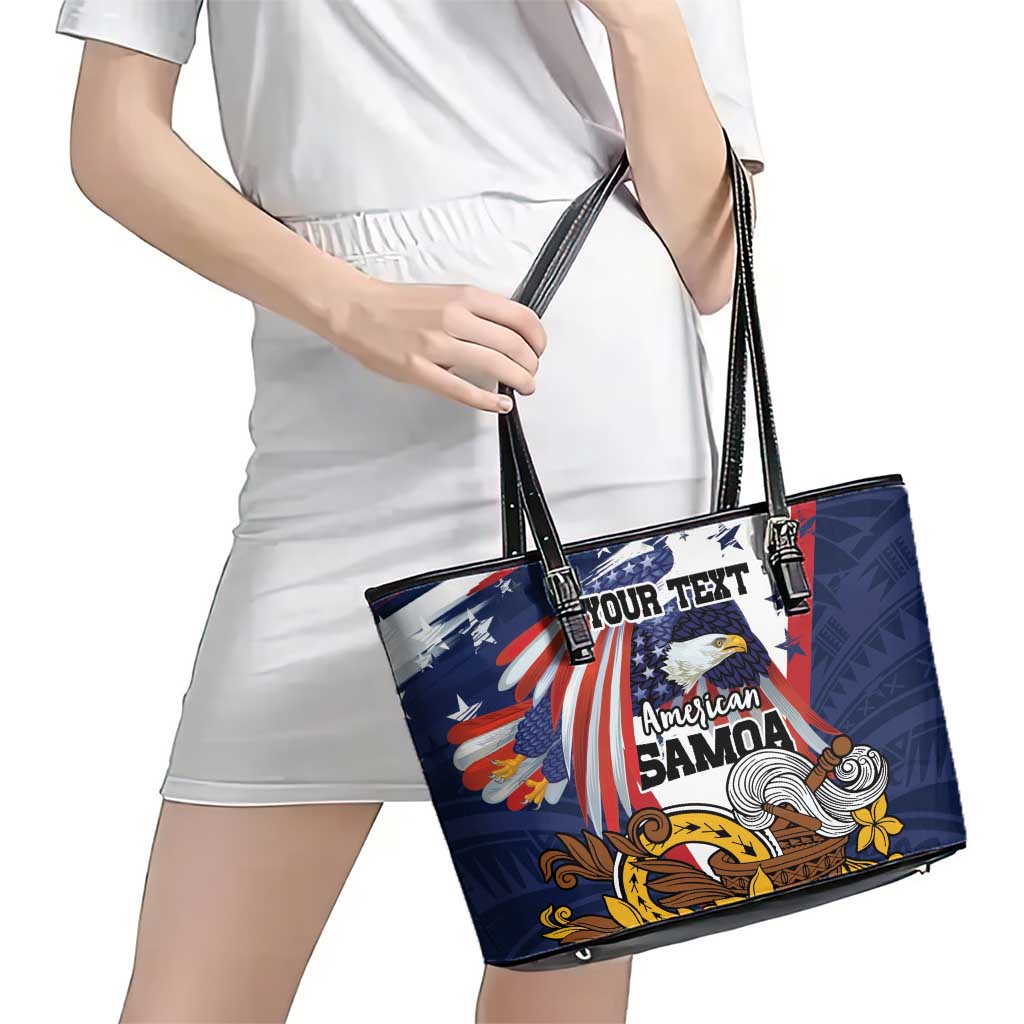 USA-American Samoa Flag Day Personalized Leather Tote Bag Bald Eagle Polynesian Tribal Pattern