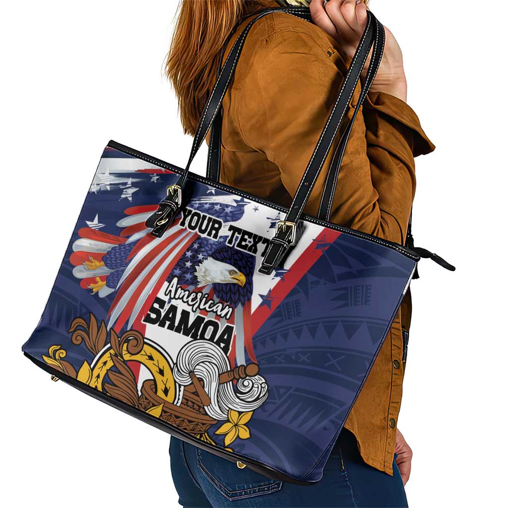 USA-American Samoa Flag Day Personalized Leather Tote Bag Bald Eagle Polynesian Tribal Pattern
