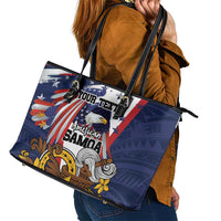USA-American Samoa Flag Day Personalized Leather Tote Bag Bald Eagle Polynesian Tribal Pattern