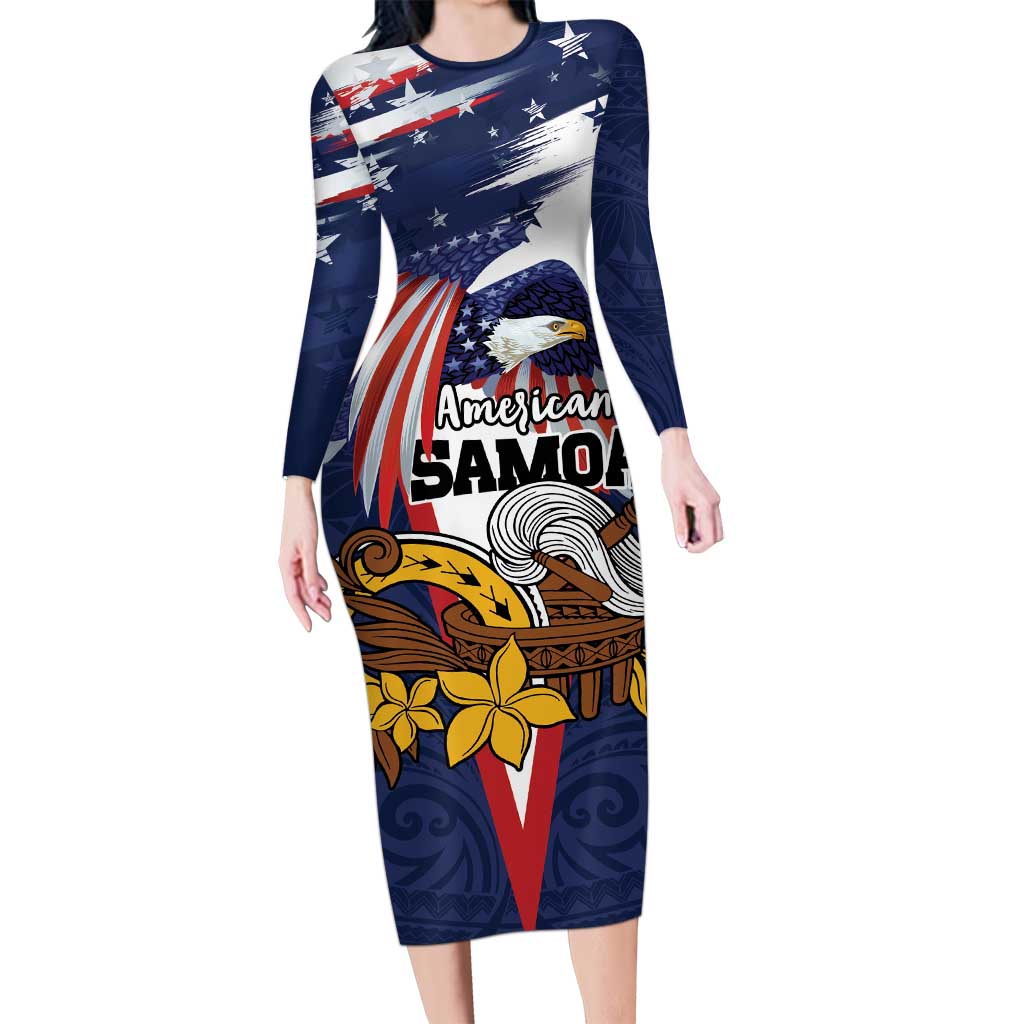 USA-American Samoa Flag Day Personalized Long Sleeve Bodycon Dress Bald Eagle Polynesian Tribal Pattern