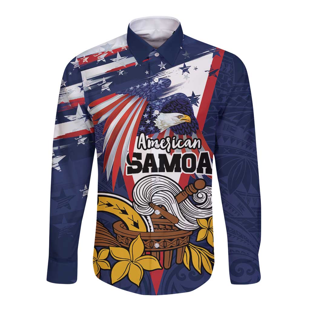 USA-American Samoa Flag Day Personalized Long Sleeve Button Shirt Bald Eagle Polynesian Tribal Pattern