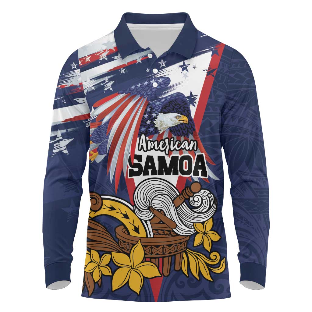 USA-American Samoa Flag Day Personalized Long Sleeve Polo Shirt Bald Eagle Polynesian Tribal Pattern