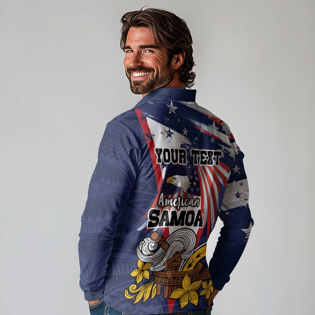 USA-American Samoa Flag Day Personalized Long Sleeve Polo Shirt Bald Eagle Polynesian Tribal Pattern