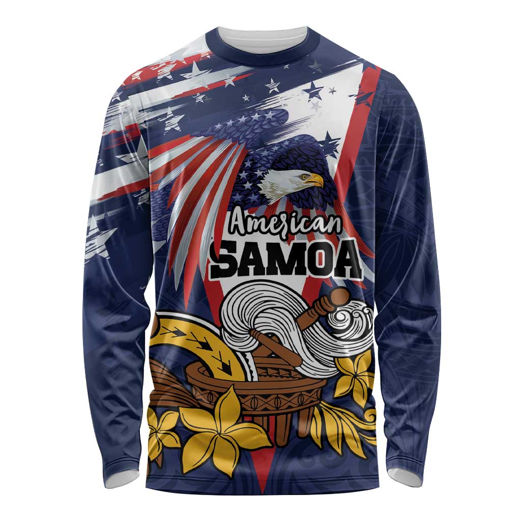 USA-American Samoa Flag Day Personalized Long Sleeve Shirt Bald Eagle Polynesian Tribal Pattern