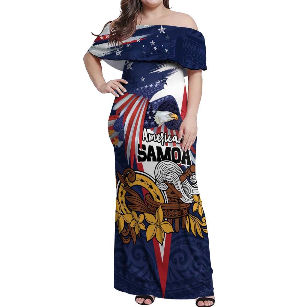 USA-American Samoa Flag Day Personalized Off Shoulder Maxi Dress Bald Eagle Polynesian Tribal Pattern