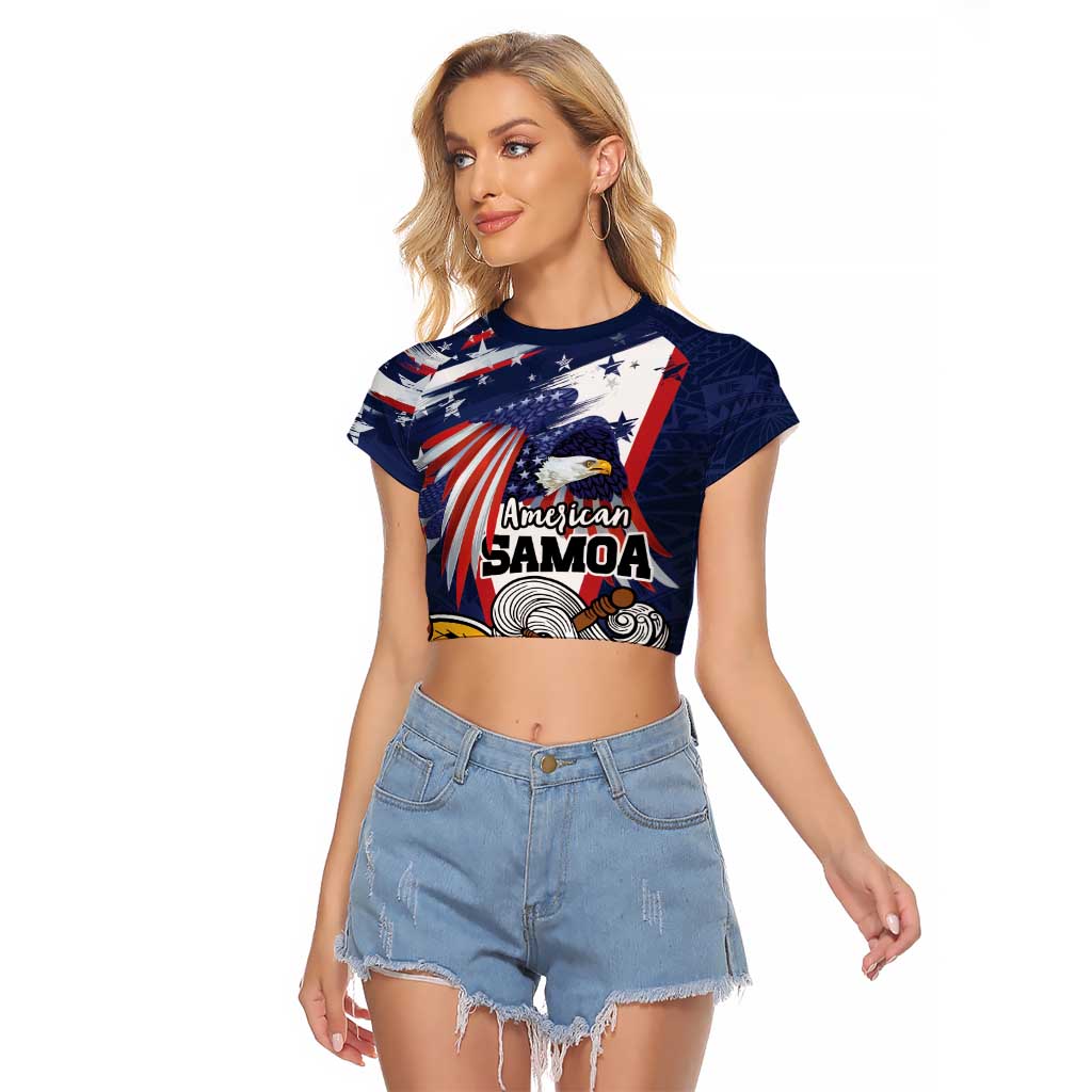 USA-American Samoa Flag Day Personalized Raglan Cropped T Shirt Bald Eagle Polynesian Tribal Pattern