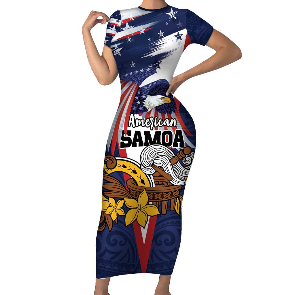 USA-American Samoa Flag Day Personalized Short Sleeve Bodycon Dress Bald Eagle Polynesian Tribal Pattern