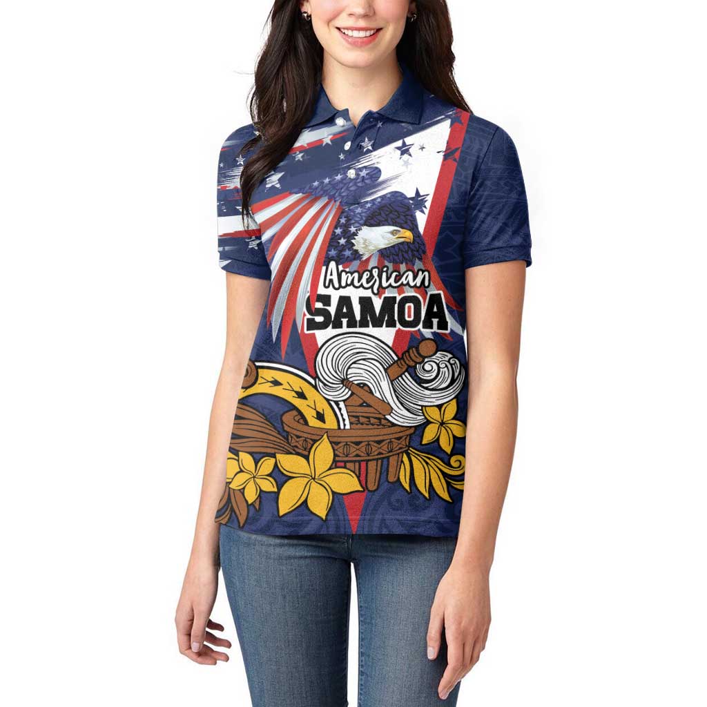 USA-American Samoa Flag Day Personalized Women Polo Shirt Bald Eagle Polynesian Tribal Pattern