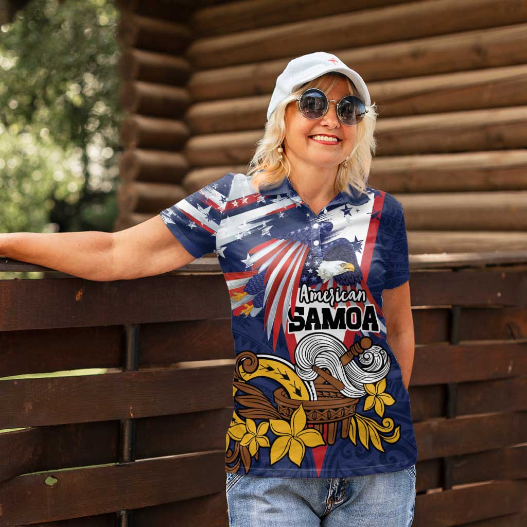 USA-American Samoa Flag Day Personalized Women Polo Shirt Bald Eagle Polynesian Tribal Pattern