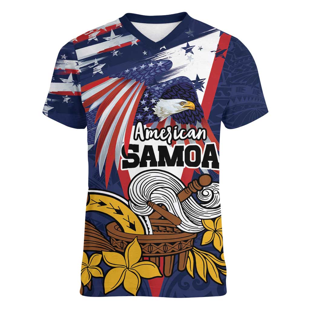 USA-American Samoa Flag Day Personalized Women V-Neck T-Shirt Bald Eagle Polynesian Tribal Pattern