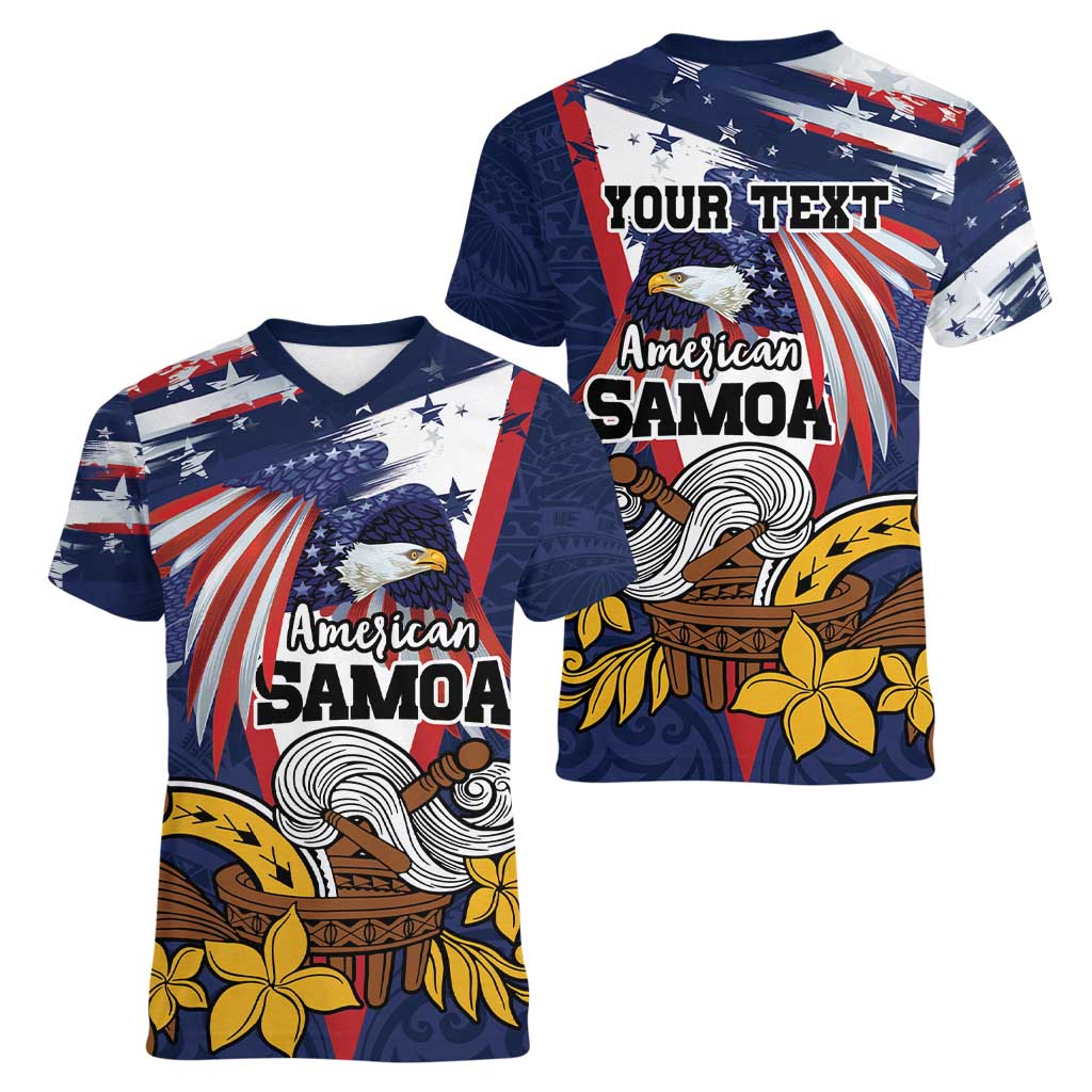 USA-American Samoa Flag Day Personalized Women V-Neck T-Shirt Bald Eagle Polynesian Tribal Pattern