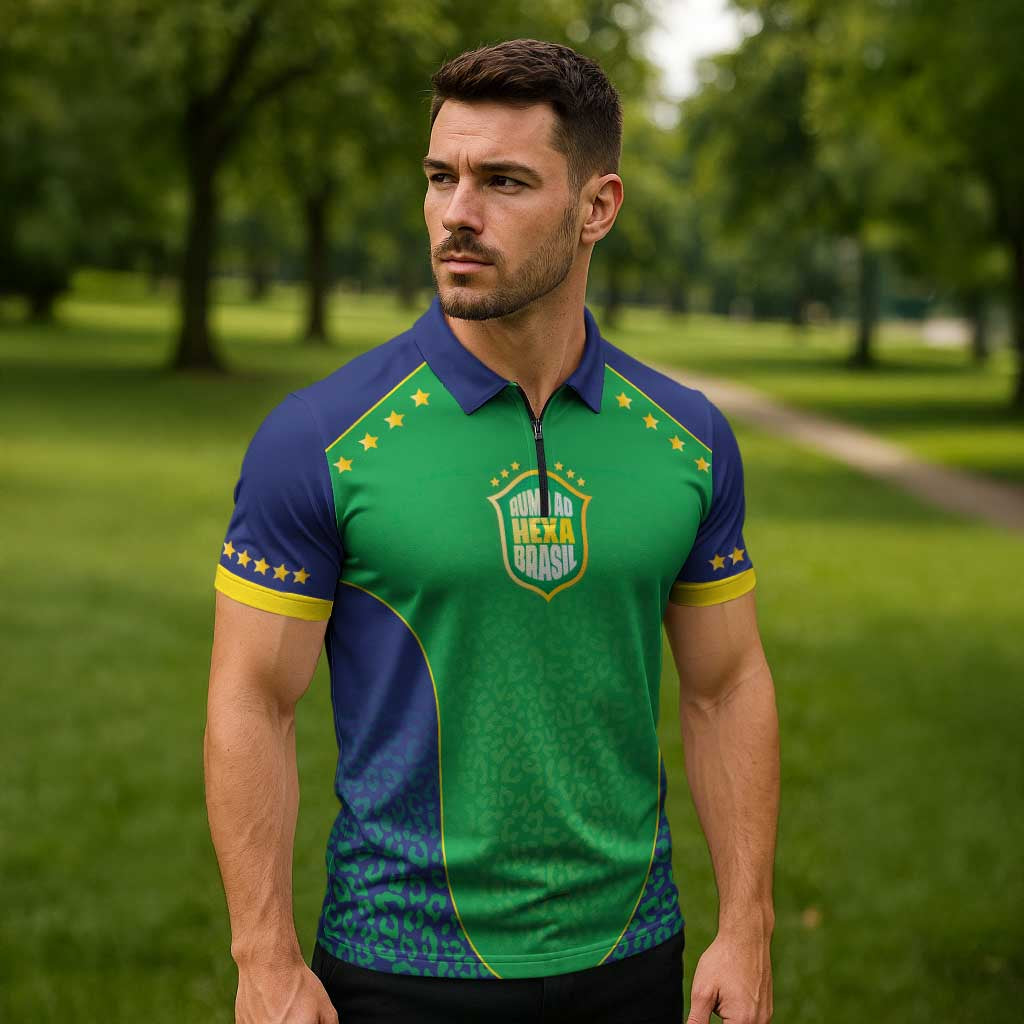 Custom Brazil Victory Dream Zipper Polo Shirt Rumo Ao Hexa