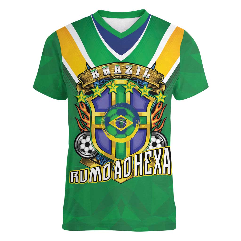 Custom Brazil WC26 Women V-Neck T-Shirt Future Brasil Rumo Ao Hexa