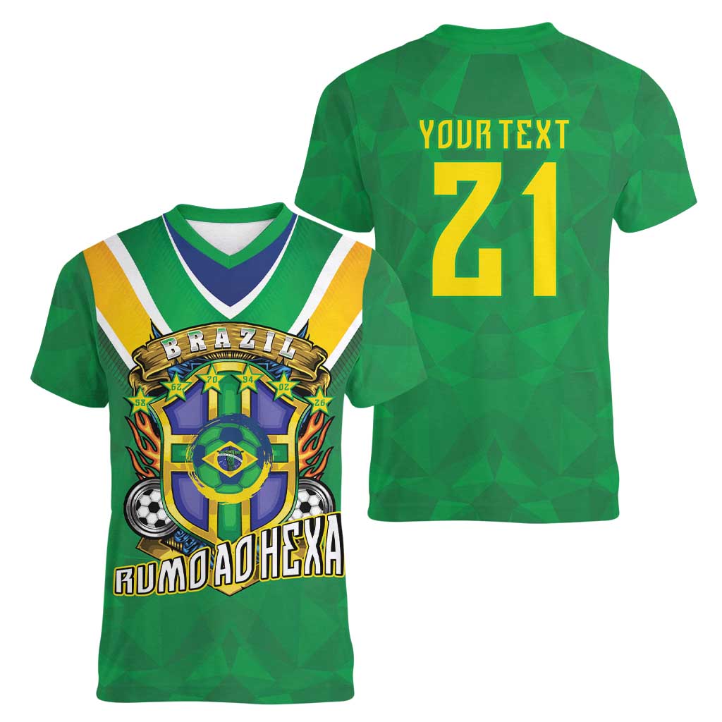 Custom Brazil WC26 Women V-Neck T-Shirt Future Brasil Rumo Ao Hexa