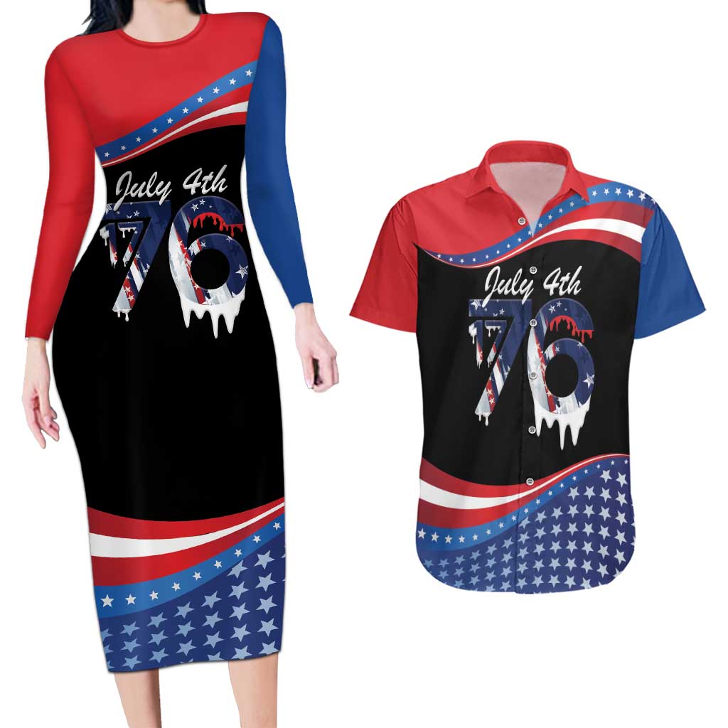 Funny Ice Cream 1776 Drip Personalized Couples Matching Long Sleeve Bodycon Dress and Hawaiian Shirt American Flag 4th Of July
