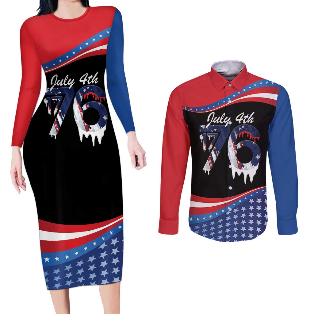 Funny Ice Cream 1776 Drip Personalized Couples Matching Long Sleeve Bodycon Dress and Long Sleeve Button Shirt American Flag 4th Of July