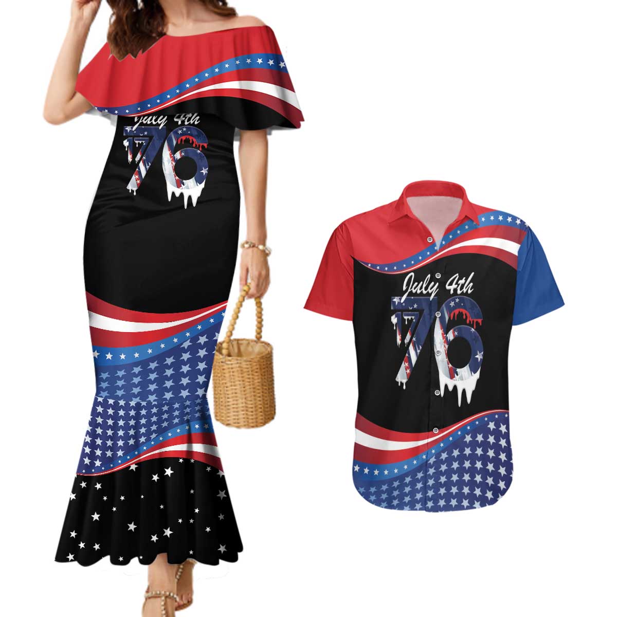 Funny Ice Cream 1776 Drip Personalized Couples Matching Mermaid Dress and Hawaiian Shirt American Flag 4th Of July