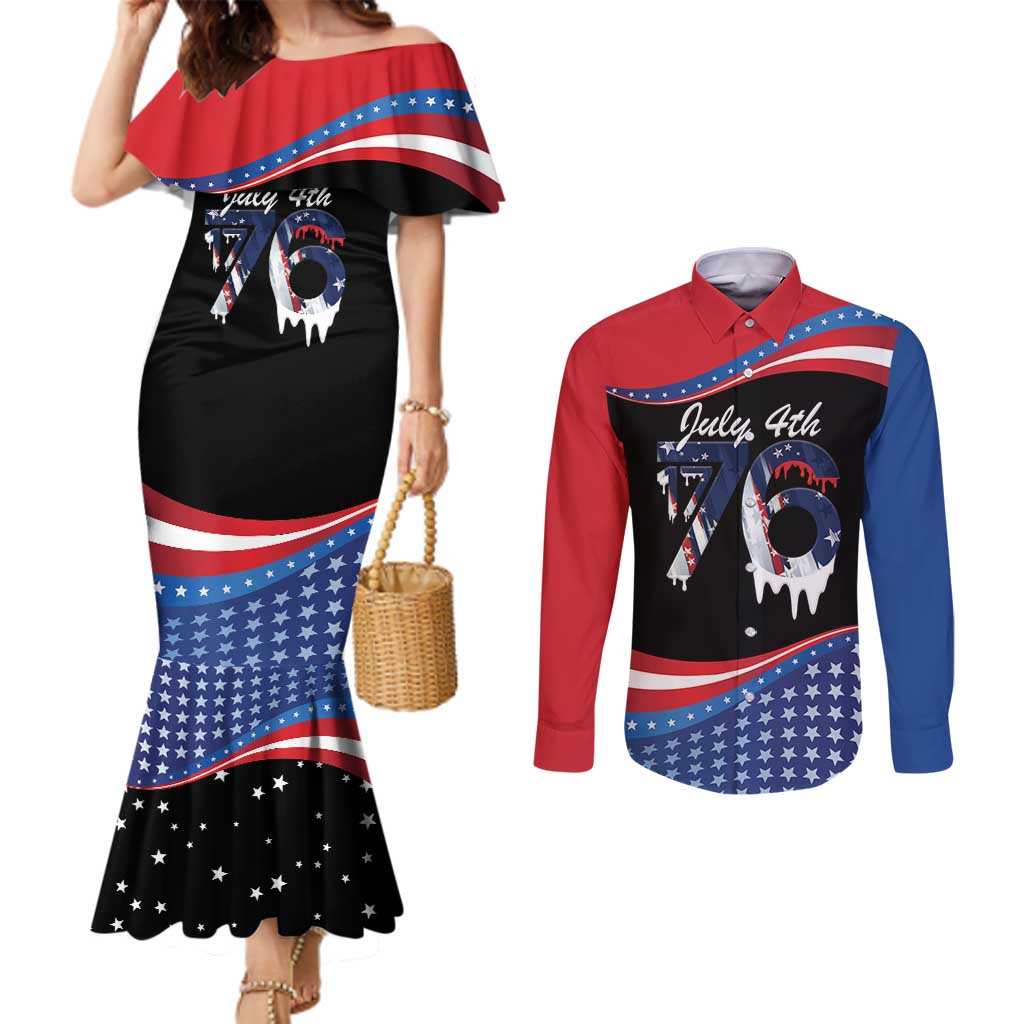 Funny Ice Cream 1776 Drip Personalized Couples Matching Mermaid Dress and Long Sleeve Button Shirt American Flag 4th Of July