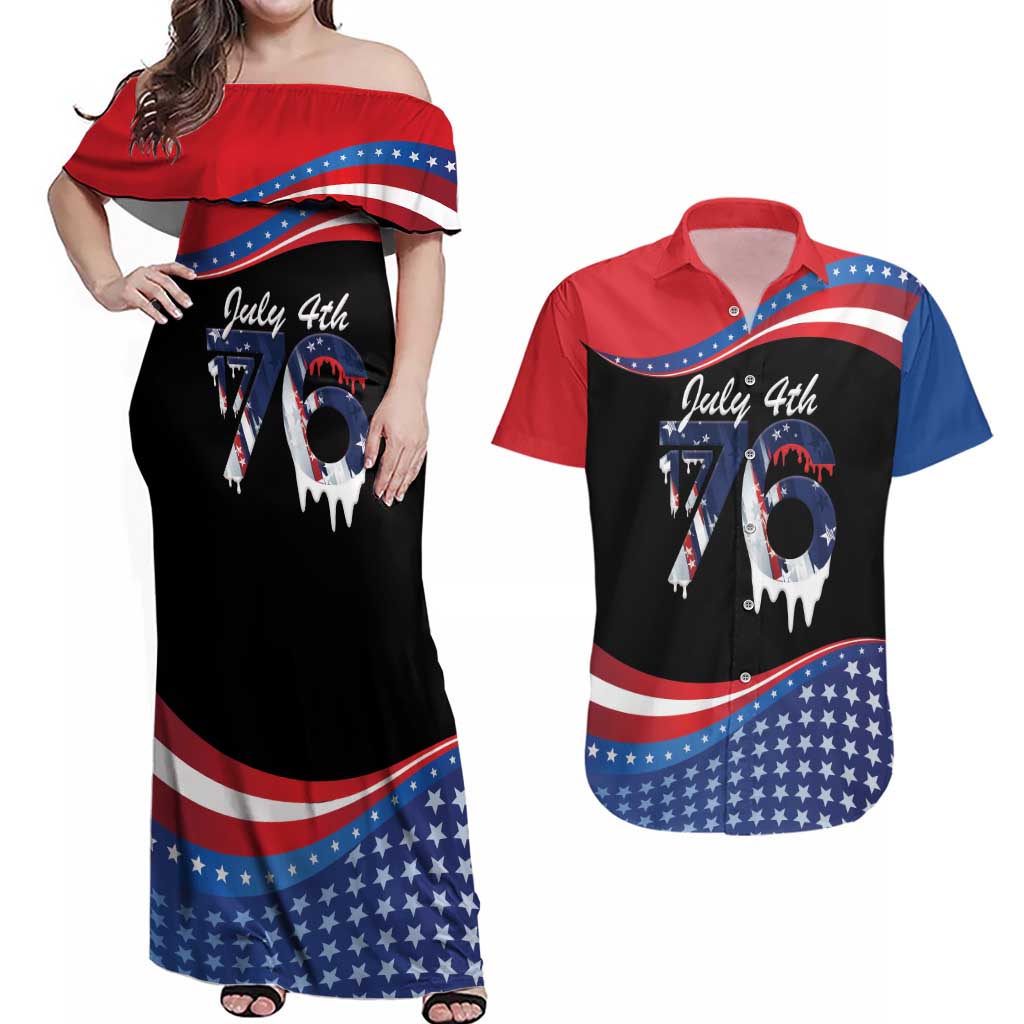 Funny Ice Cream 1776 Drip Personalized Couples Matching Off Shoulder Maxi Dress and Hawaiian Shirt American Flag 4th Of July