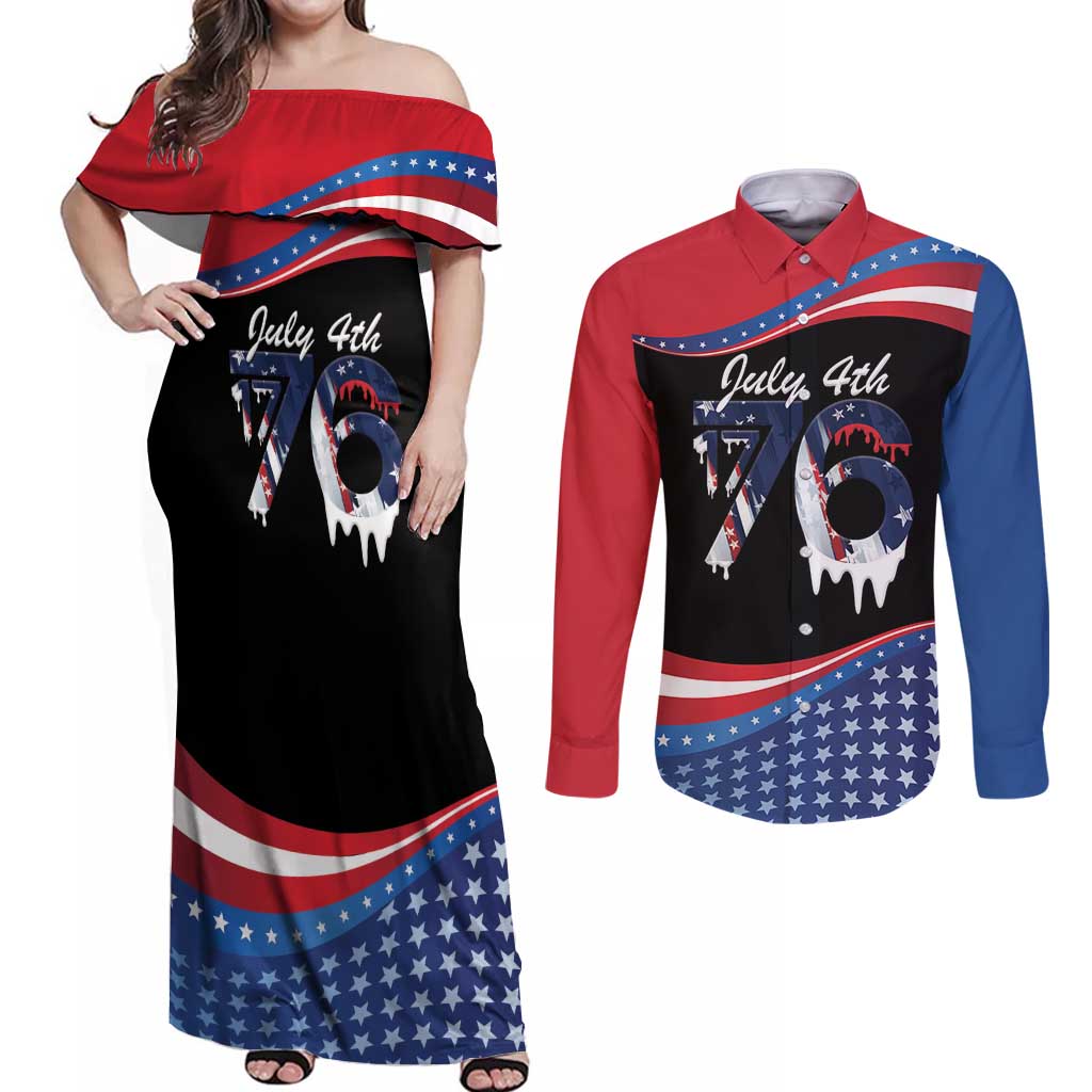 Funny Ice Cream 1776 Drip Personalized Couples Matching Off Shoulder Maxi Dress and Long Sleeve Button Shirt American Flag 4th Of July