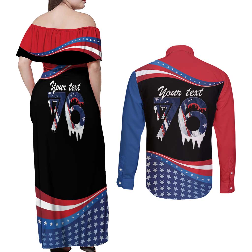 Funny Ice Cream 1776 Drip Personalized Couples Matching Off Shoulder Maxi Dress and Long Sleeve Button Shirt American Flag 4th Of July