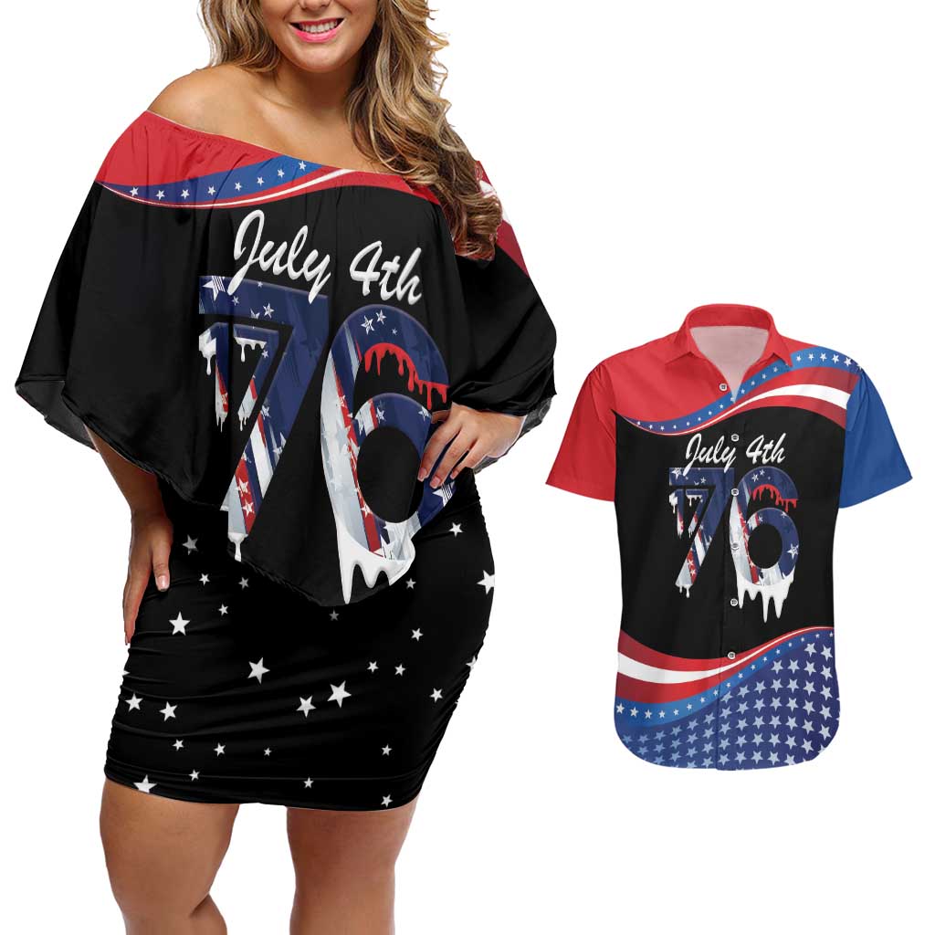 Funny Ice Cream 1776 Drip Personalized Couples Matching Off Shoulder Short Dress and Hawaiian Shirt American Flag 4th Of July