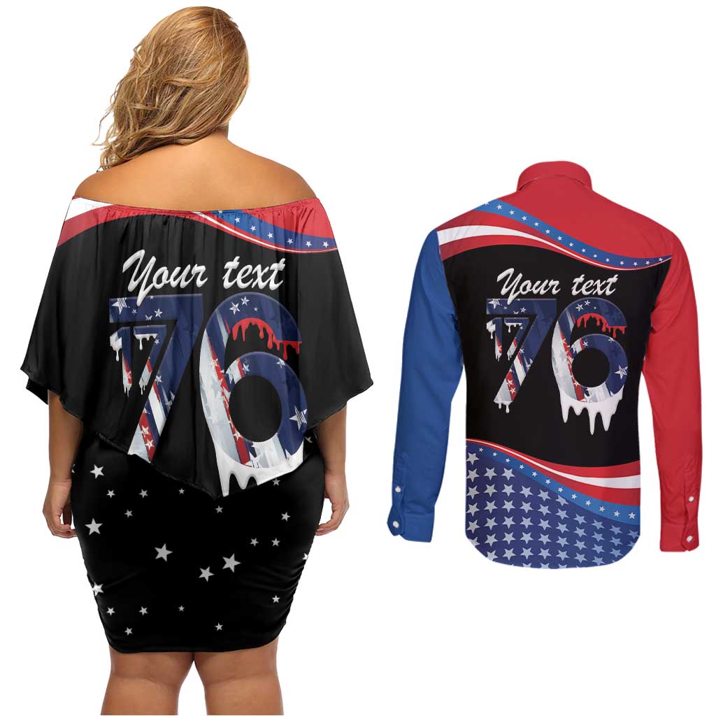 Funny Ice Cream 1776 Drip Personalized Couples Matching Off Shoulder Short Dress and Long Sleeve Button Shirt American Flag 4th Of July
