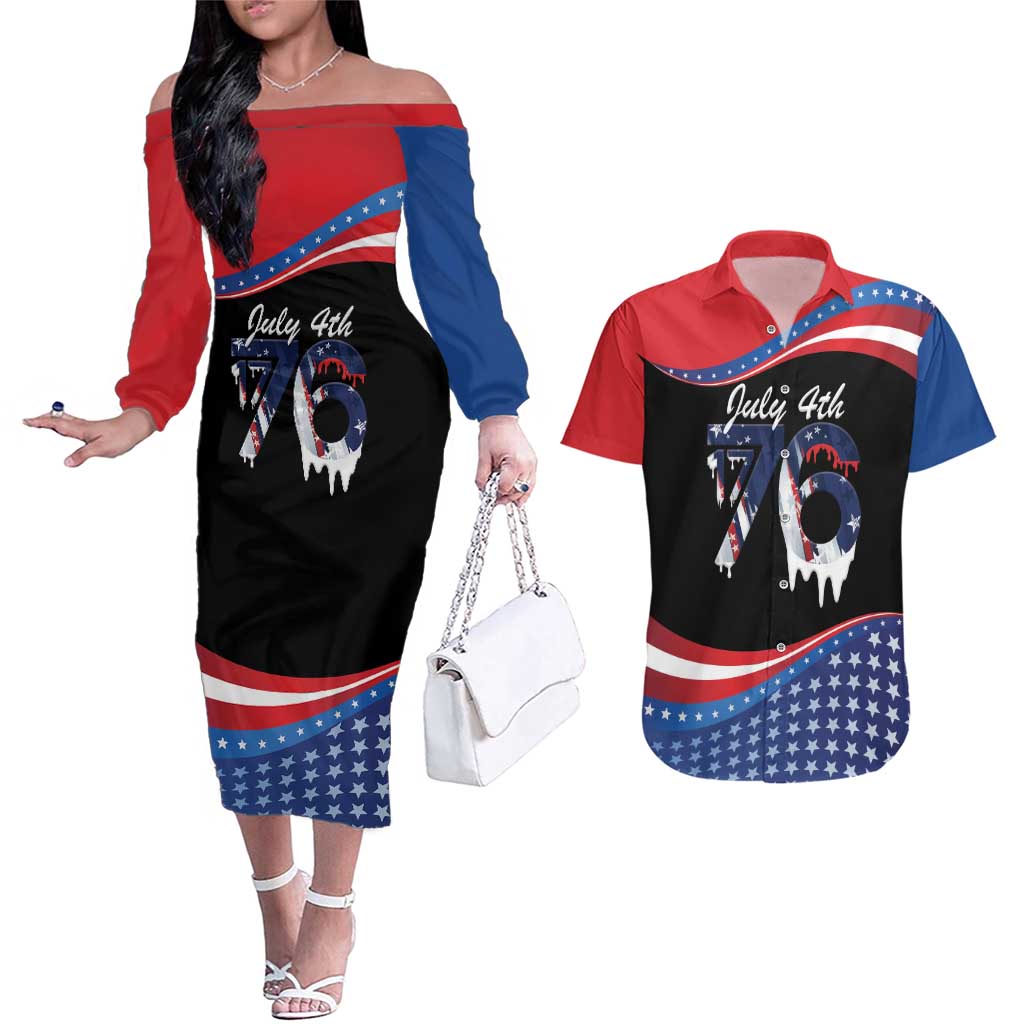Funny Ice Cream 1776 Drip Personalized Couples Matching Off The Shoulder Long Sleeve Dress and Hawaiian Shirt American Flag 4th Of July
