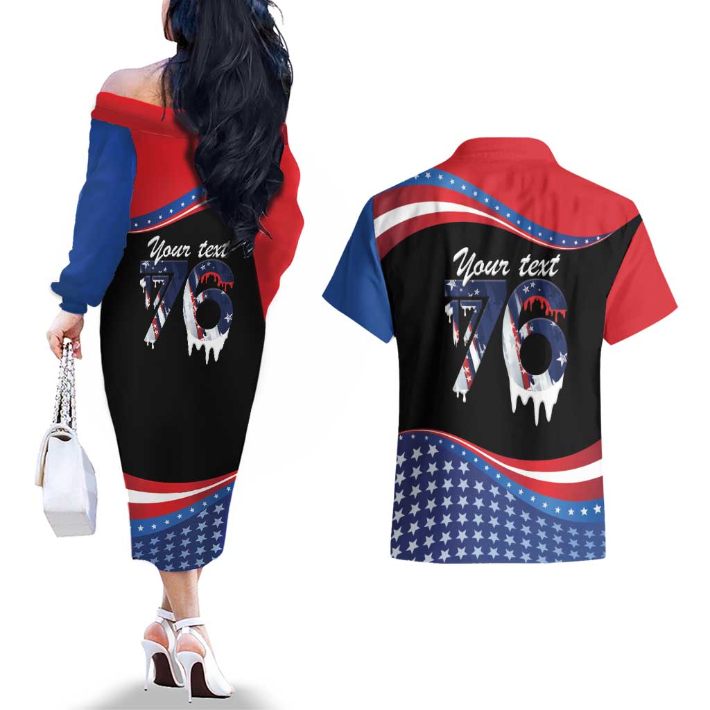 Funny Ice Cream 1776 Drip Personalized Couples Matching Off The Shoulder Long Sleeve Dress and Hawaiian Shirt American Flag 4th Of July
