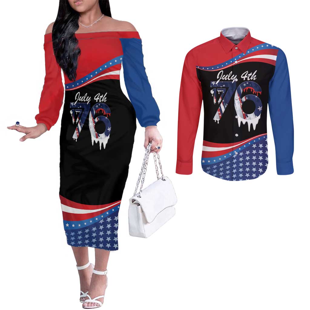 Funny Ice Cream 1776 Drip Personalized Couples Matching Off The Shoulder Long Sleeve Dress and Long Sleeve Button Shirt American Flag 4th Of July