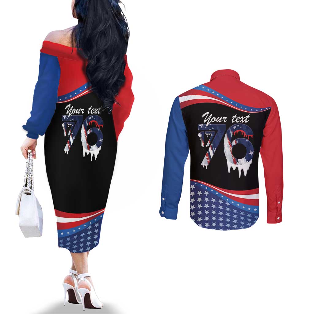 Funny Ice Cream 1776 Drip Personalized Couples Matching Off The Shoulder Long Sleeve Dress and Long Sleeve Button Shirt American Flag 4th Of July