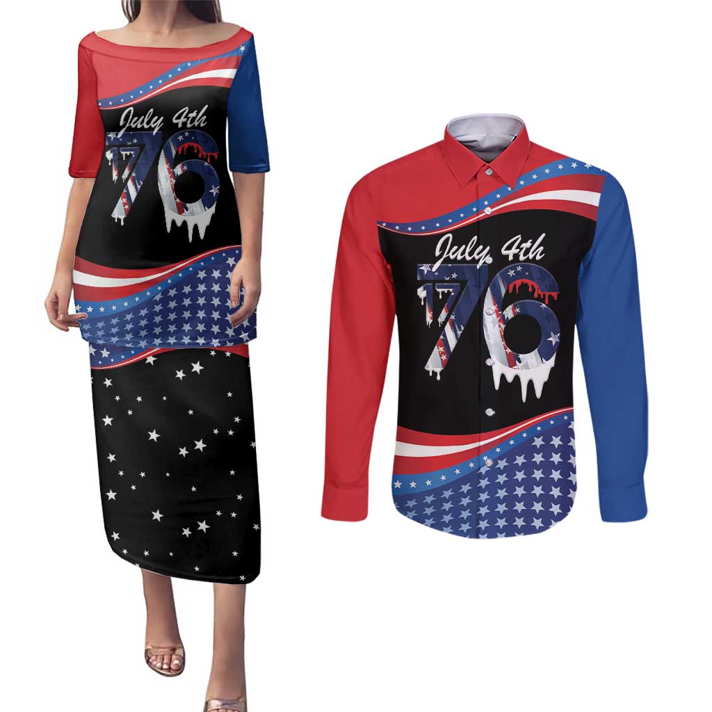 Funny Ice Cream 1776 Drip Personalized Couples Matching Puletasi and Long Sleeve Button Shirt American Flag 4th Of July