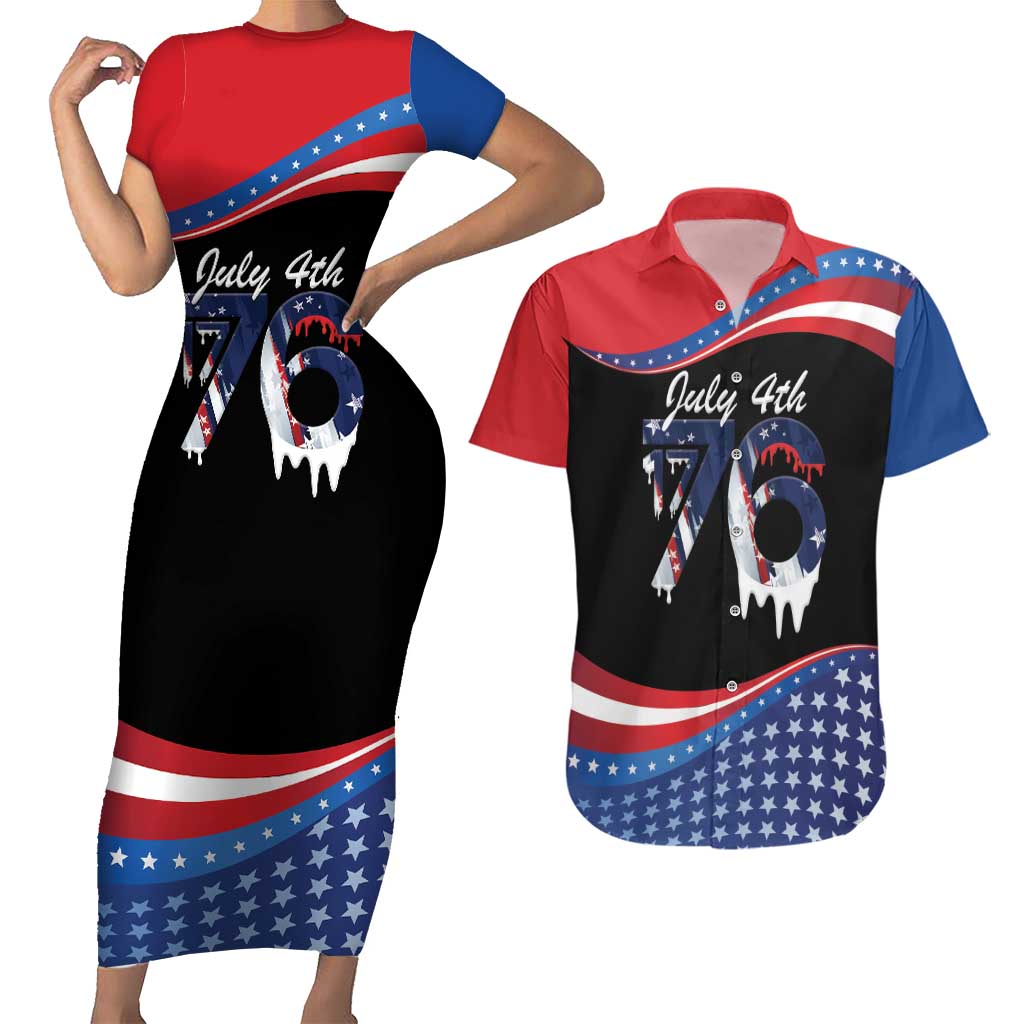 Funny Ice Cream 1776 Drip Personalized Couples Matching Short Sleeve Bodycon Dress and Hawaiian Shirt American Flag 4th Of July