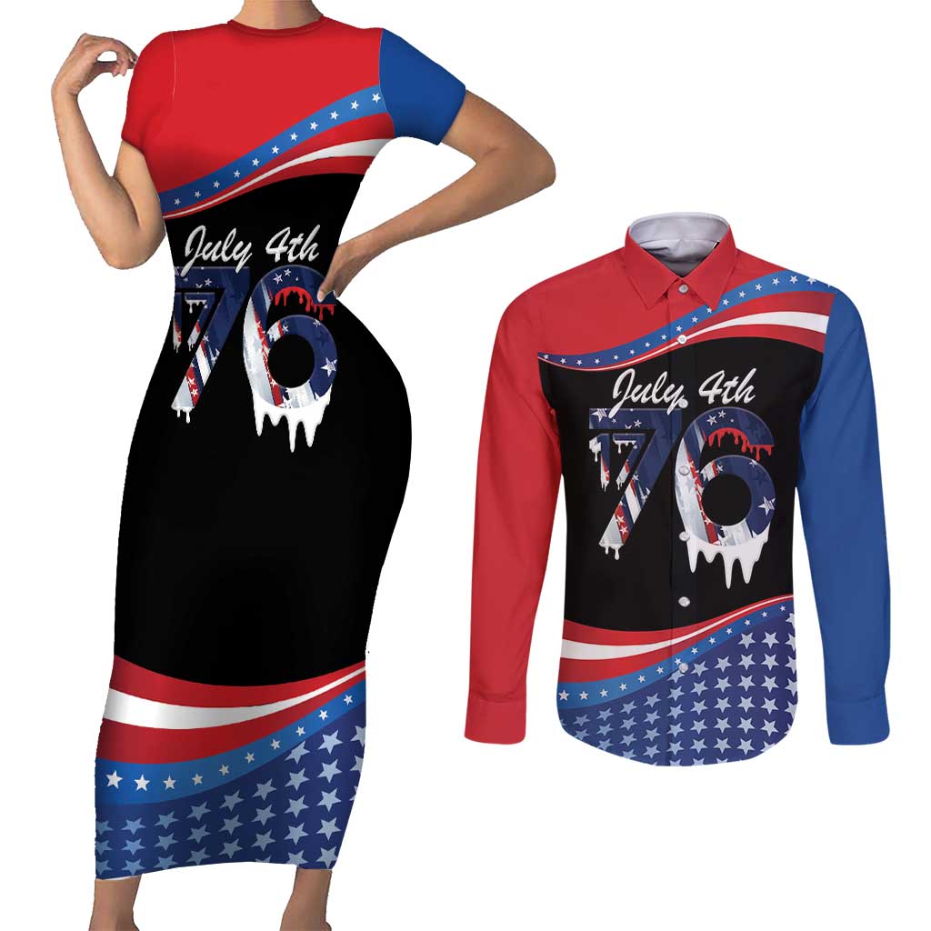 Funny Ice Cream 1776 Drip Personalized Couples Matching Short Sleeve Bodycon Dress and Long Sleeve Button Shirt American Flag 4th Of July