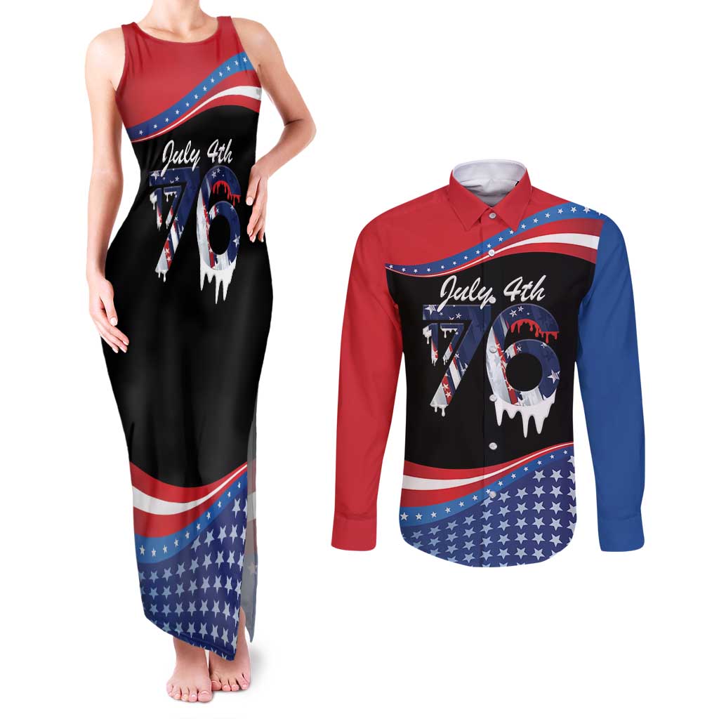 Funny Ice Cream 1776 Drip Personalized Couples Matching Tank Maxi Dress and Long Sleeve Button Shirt American Flag 4th Of July