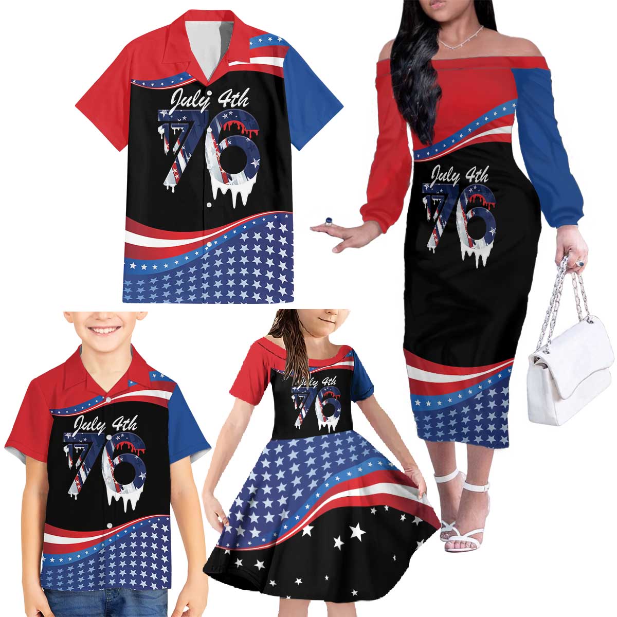 Funny Ice Cream 1776 Drip Personalized Family Matching Off The Shoulder Long Sleeve Dress and Hawaiian Shirt American Flag 4th Of July
