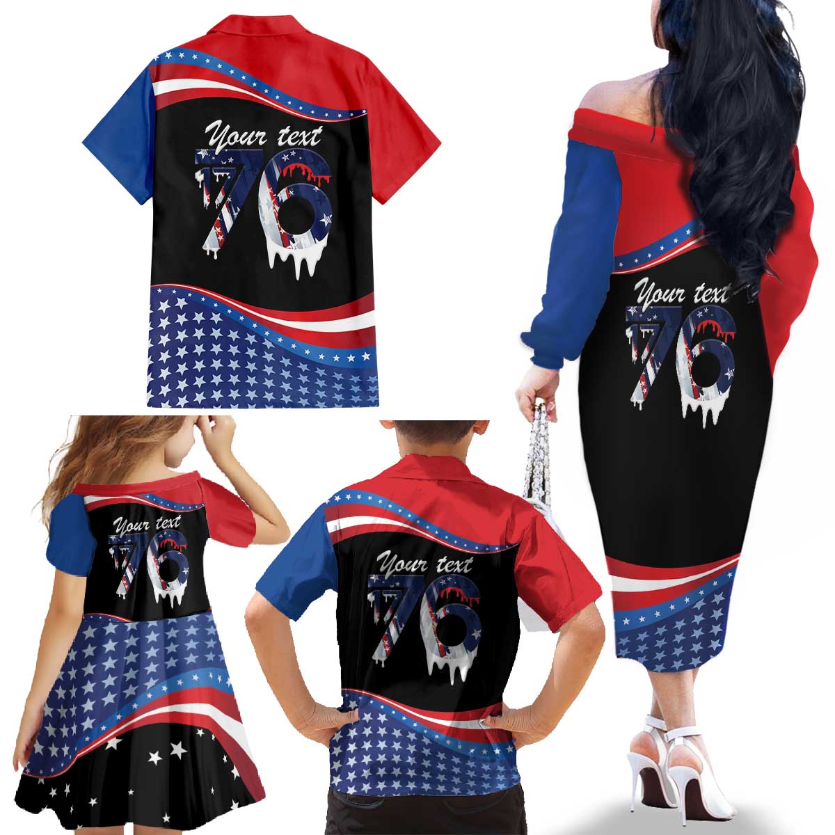 Funny Ice Cream 1776 Drip Personalized Family Matching Off The Shoulder Long Sleeve Dress and Hawaiian Shirt American Flag 4th Of July