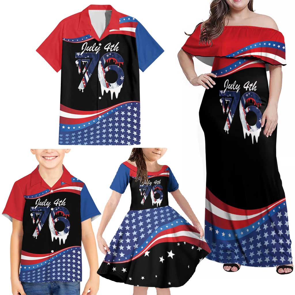 Funny Ice Cream 1776 Drip Personalized Family Matching Off Shoulder Maxi Dress and Hawaiian Shirt American Flag 4th Of July