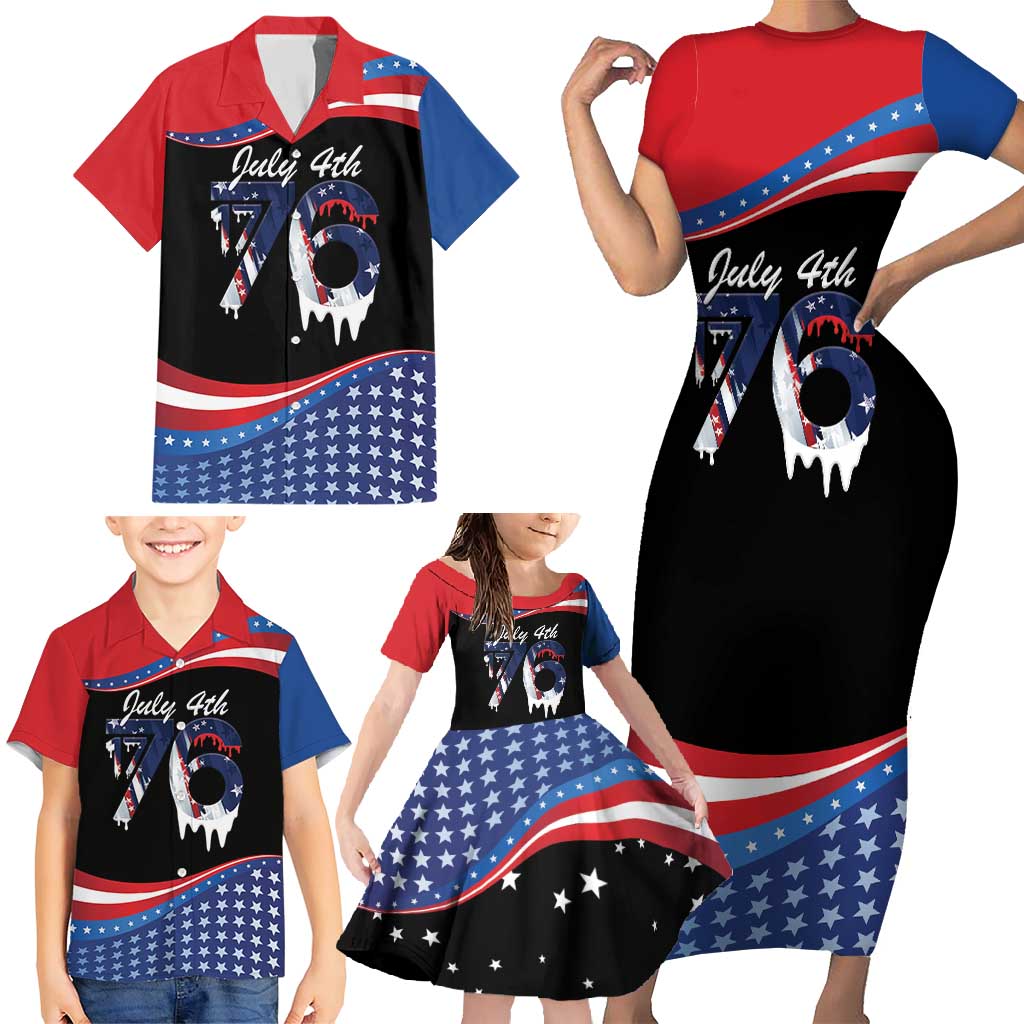 Funny Ice Cream 1776 Drip Personalized Family Matching Short Sleeve Bodycon Dress and Hawaiian Shirt American Flag 4th Of July