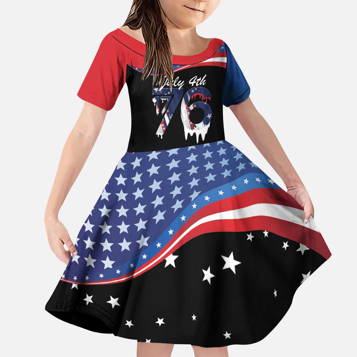 Funny Ice Cream 1776 Drip Personalized Kid Short Sleeve Dress American Flag 4th Of July