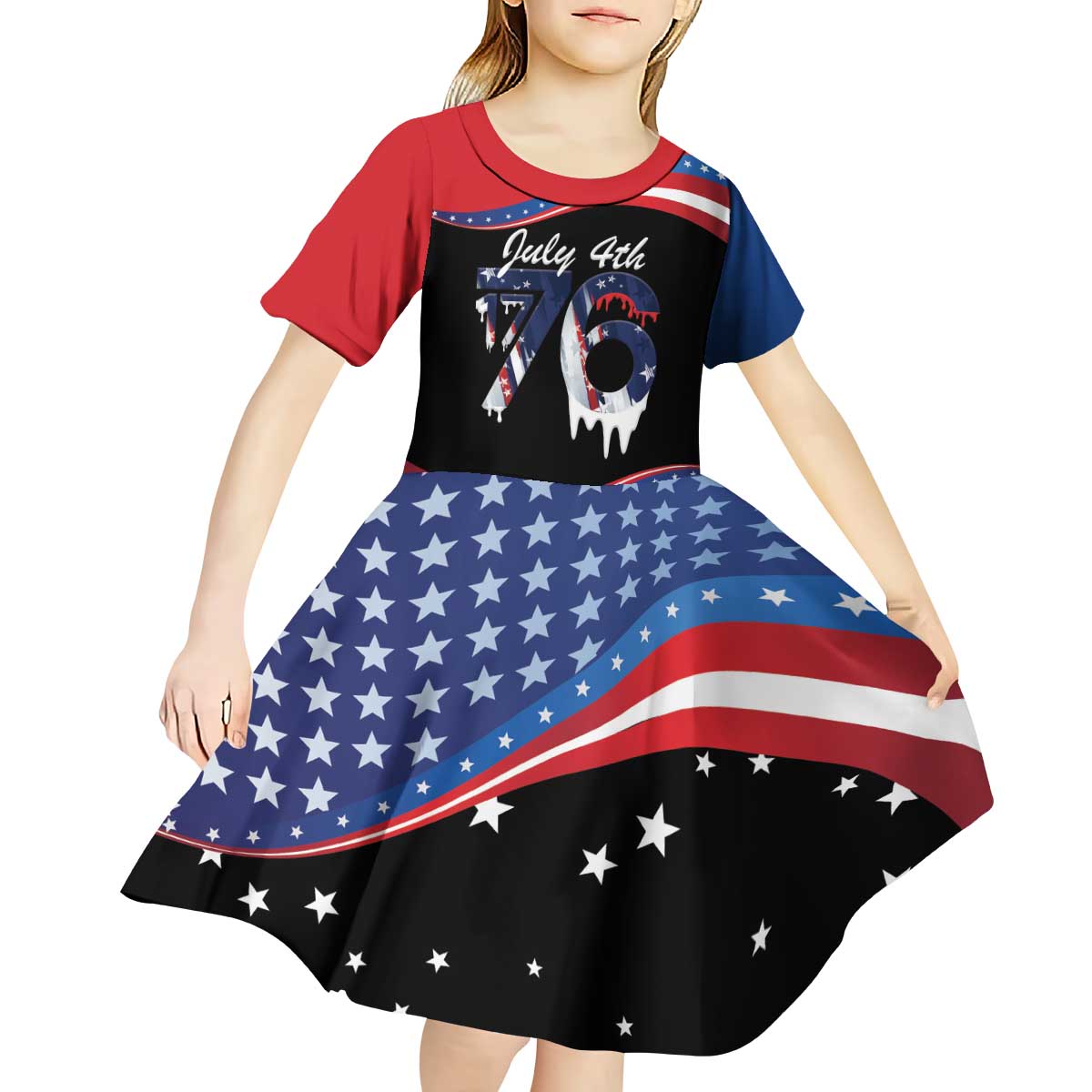 Funny Ice Cream 1776 Drip Personalized Kid Short Sleeve Dress American Flag 4th Of July